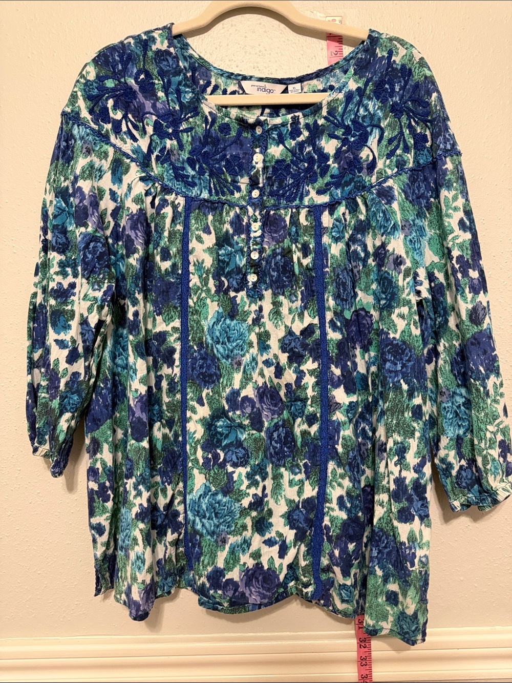Great Northwest Indigo Blue & Green Floral Button-Yoke Peasant Blouse